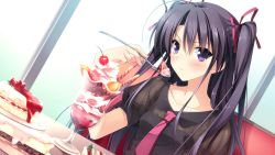 Rule 34 | 1girl, angry, berry&#039;s, black hair, blue eyes, blush, breasts, cake, cream, cup, eating, food, fruit, game cg, hair ornament, highres, ice cream, kokonobi, long hair, looking at viewer, morikubo yuna, necktie, restaurant, sitting, small breasts, spoon, strawberry, sundae, table, twintails