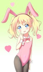 Rule 34 | 1girl, animal ears, black pantyhose, blonde hair, blue eyes, blush, bow, gradient background, heart, looking at viewer, open mouth, pantyhose, pink bow, rabbit ears, rabbit tail, red bow, short twintails, solo, tail, twintails