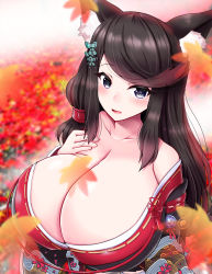 Rule 34 | 1girl, animal ear fluff, autumn leaves, azur lane, bare shoulders, black kimono, breasts, brown hair, cleavage, from above, fusou (azur lane), highres, huge breasts, japanese clothes, kimono, leaf, long hair, looking at viewer, maple leaf, off shoulder, open mouth, print kimono, purple eyes, ruuru (fruule), smile, solo, upper body, wide sleeves