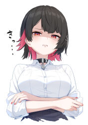 1girl annoyed black_hair brat_(brabrabrat00) breasts choker colored_inner_hair crossed_legs earrings ellen_joe hair_between_eyes hair_ornament hairclip highres jewelry large_breasts light_blush looking_at_viewer mole mole_under_eye multicolored_hair official_alternate_costume red_eyes red_hair shirt short_hair sidelocks simple_background solo two-tone_hair upper_body v-shaped_eyebrows white_background white_shirt zenless_zone_zero