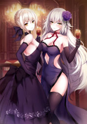 Rule 34 | 2girls, artoria pendragon (all), artoria pendragon (alter swimsuit rider) (fate), artoria pendragon (fate), bare shoulders, blonde hair, blush, center opening, choker, christmas, collarbone, cup, dress, drinking glass, elbow gloves, fate/grand order, fate (series), flower, gloves, hair flower, hair ornament, hair ribbon, holding, holding cup, holding drinking glass, indoors, jeanne d&#039;arc (fate), jeanne d&#039;arc alter (avenger) (fate), jeanne d&#039;arc alter (fate), long hair, looking at viewer, mafuyu (kanden shoujyo), multiple girls, navel, official alternate costume, ribbon, saber alter, short hair, side slit, silver hair, strapless, strapless dress, thighhighs, wine glass, yellow eyes