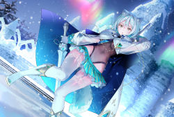 Rule 34 | 1girl, animal ears, arm up, aurora, blue hair, boots, bow, braid, breasts, cape, cat ears, covered navel, dsmile, fur trim, garter straps, gloves, gradient clothes, hair bow, highres, holding, holding weapon, ice, knee boots, leotard, long sleeves, medium breasts, miniskirt, original, outdoors, parted lips, pleated skirt, see-through, shiny clothes, shiny skin, short hair, simple background, skirt, snow, snowing, solo, sword, tail, thighhighs, thighs, tree, twin braids, weapon, weapon on back, yellow eyes