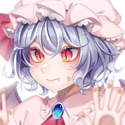Rule 34 | 1girl, ascot, blue hair, blush, brooch, collar, collared shirt, commentary request, curly hair, fang, frilled collar, frilled hat, frills, hair between eyes, hand on glass, hat, hat ribbon, jewelry, kurumi407, mob cap, purple hair, red ascot, red eyes, red ribbon, remilia scarlet, ribbon, shirt, short hair, solo, sweatdrop, touhou, white shirt