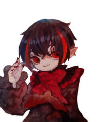 Rule 34 | 1boy, black hair, black shirt, closed mouth, commentary request, fingernails, highres, library of ruina, long sleeves, male focus, mochigome 138, multicolored hair, neck ribbon, nosferatu (project moon), pointy ears, project moon, red eyes, red hair, red nails, red ribbon, ribbon, sharp fingernails, shirt, short hair, simple background, smile, solo, white background