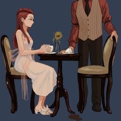 Rule 34 | 1boy, 1girl, ace attorney, bad id, bad pixiv id, chair, coffee cup, cup, dahlia hawthorne, diego armando, disposable cup, dress, flower, high heels, highres, red hair, renshu usodayo, sandals, sleeveless, spill, table, vest, white dress, wilted flower