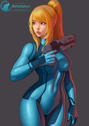 Rule 34 | 1girl, absurdres, artist logo, artist name, astrowolf, blonde hair, blue bodysuit, blue eyes, bodysuit, breasts, commentary, cowboy shot, dark background, directed-energy weapon, energy gun, energy weapon, english commentary, grey background, gun, handgun, high ponytail, highres, holding, holding gun, holding weapon, long hair, looking to the side, medium breasts, metroid, mole, mole under mouth, nintendo, paralyzer, parted lips, pistol, ponytail, samus aran, sidelocks, simple background, solo, standing, weapon, zero suit