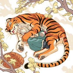 Rule 34 | 1girl, boots, branch, closed eyes, commentary, dress, english commentary, hat, unworn hat, unworn headwear, highres, kevin hong, long hair, lying, on side, original, outdoors, silver hair, sleeping, smile, tiger, tongue, tongue out