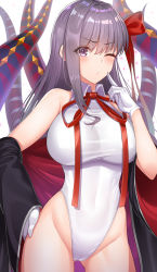 Rule 34 | 1girl, bare shoulders, bb (fate), bb (fate) (all), bb (swimsuit mooncancer) (fate), bb (swimsuit mooncancer) (third ascension) (fate), black coat, breasts, coat, fate/grand order, fate (series), gloves, hair ribbon, hand on own hip, highleg, highleg leotard, highres, komainu (yamaha1997), large breasts, leotard, long hair, neck ribbon, off shoulder, one eye closed, open clothes, open coat, popped collar, puckered lips, purple eyes, purple hair, red ribbon, ribbon, solo, tentacles, thighs, very long hair, white gloves, white leotard