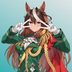 Rule 34 | 1girl, absurdres, aiguillette, animal ears, ascot, breasts, brown hair, buttons, cape, commentary request, double-breasted, double v, dress shirt, earrings, epaulettes, gloves, gradient background, green jacket, hair between eyes, highres, horse ears, horse girl, jacket, jewelry, long hair, long sleeves, looking at viewer, medal, medium breasts, motsunabe (mo2nap3), multicolored hair, purple eyes, red cape, shirt, side cape, single earring, single epaulette, smile, solo, streaked hair, symboli rudolf (umamusume), umamusume, upper body, v, v over eye, white ascot, white gloves, white hair, white shirt