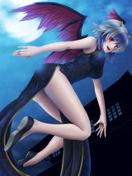 Rule 34 | 1girl, bad id, bad pixiv id, blue hair, china dress, chinese clothes, dress, female focus, flying, full moon, head wings, highres, horns, impossible clothes, impossible shirt, mochi.f, moon, multicolored hair, night, no socks, red eyes, shirt, short hair, side slit, silver hair, solo, tokiko (touhou), touhou, two-tone hair, wings