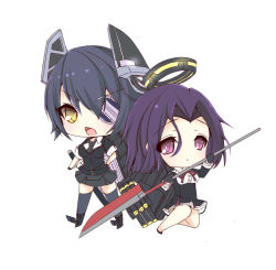 Rule 34 | 10s, 2girls, chibi, eyepatch, glaive (polearm), gloves, halo, hand on own hip, headgear, kantai collection, mechanical halo, multiple girls, necktie, open mouth, polearm, purple eyes, purple hair, school uniform, short hair, simple background, skirt, smile, spear, sword, tatsuta (kancolle), tenryuu (kancolle), thighhighs, turret, weapon, white background, yellow eyes, yuncha