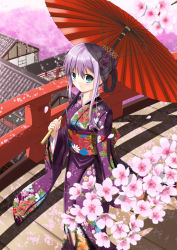 Rule 34 | 1girl, absurdres, aqua eyes, architecture, blush, bridge, building, cherry blossoms, east asian architecture, fatkewell, floral print, flower, hair flower, hair ornament, hair up, highres, japanese clothes, kimono, leaf, light purple hair, long sleeves, looking at viewer, obi, oil-paper umbrella, original, outdoors, purple flower, purple rose, rose, sash, smile, solo, umbrella