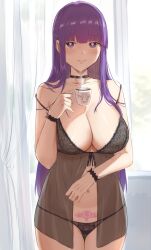 Rule 34 | 1girl, absurdres, bare shoulders, black choker, black panties, blunt bangs, blurry, blurry background, breasts, bright pupils, character print, choker, closed mouth, collarbone, commentary, cowboy shot, cup, curtains, fern (sousou no frieren), frieren, gluteal fold, hand up, highres, holding, holding cup, large breasts, light smile, lingerie, long hair, looking at viewer, micchan (micchanmeido), panties, pubic tattoo, purple eyes, purple hair, see-through, solo, sousou no frieren, steam, tattoo, thigh gap, thighs, underwear, white pupils, window