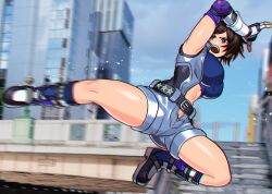 Rule 34 | 1girl, akisu k, belt, blue shorts, blue sky, blurry, blurry background, breasts, brown eyes, brown hair, city, cleavage, cloud, cloudy sky, elbow gloves, elbow pads, gloves, kazama asuka, large breasts, navel, open mouth, outdoors, roundhouse kick, short hair, shorts, sky, smile, solo, stomach, tekken, tekken 5, tomboy, v-shaped eyebrows, zipper, zipper pull tab