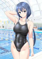 Rule 34 | 1girl, absurdres, ahoge, arm behind head, black one-piece swimsuit, blue hair, breasts, collarbone, commentary request, competition swimsuit, covered navel, cowboy shot, green eyes, highleg, highleg swimsuit, highres, indoors, large breasts, long hair, low ponytail, one-piece swimsuit, pool, poolside, setouchi chie, solo, standing, string of flags, swimsuit, takafumi, toji no miko, two-tone swimsuit, variant set