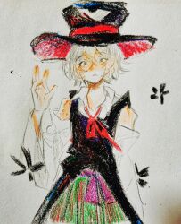 Rule 34 | 1other, androgynous, bare shoulders, black flower, black hat, black vest, chinese commentary, collared shirt, commentary request, crayon (medium), detached sleeves, enraku tsubakura, expressionless, eye of senri, flower, green hakama, grey eyes, grey hair, hair between eyes, hakama, hakama short skirt, hakama skirt, hand up, hat, highres, japanese clothes, len&#039;en, light blush, long sleeves, looking at viewer, mxx33, neck ribbon, other focus, palms, parted lips, photo (medium), red hat, red ribbon, ribbon, shirt, short hair, skirt, solo, top hat, traditional media, two-sided fabric, two-sided headwear, vest, white shirt, white sleeves, wide sleeves