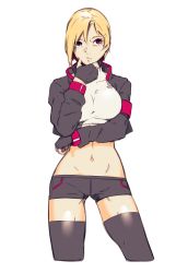 Rule 34 | 1girl, absurdres, black jacket, black shorts, black thighhighs, blonde hair, breasts, closed mouth, contrapposto, copyright request, cropped jacket, cropped legs, cropped shirt, crossed arms, dyun, hair ornament, hairclip, highres, jacket, large breasts, looking at viewer, mole, mole under eye, navel, open clothes, open jacket, red eyes, shirt, short hair, short shorts, shorts, simple background, solo, thighhighs, white background, white shirt