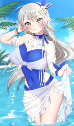 Rule 34 | 1girl, bare arms, bare shoulders, blue one-piece swimsuit, blush, breasts, closed mouth, commission, day, flower, grey eyes, grey hair, hair flower, hair ornament, highres, kantai collection, large breasts, long hair, one-piece swimsuit, outdoors, palm leaf, pixiv commission, solo, swimsuit, washington (kancolle), water, white flower, yomogi dango