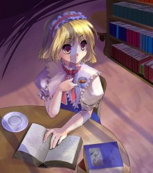Rule 34 | 1girl, alice margatroid, bad id, bad pixiv id, blonde hair, book, bookshelf, brown eyes, capelet, cup, female focus, from above, hairband, kobanzame, open book, reading, short hair, sitting, solo, table, teacup, touhou, yellow eyes