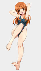 Rule 34 | 10s, 1girl, arms behind back, barefoot, blue one-piece swimsuit, blunt bangs, blush, feet, full body, girls und panzer, highleg, highleg swimsuit, long hair, looking at viewer, one-piece swimsuit, open mouth, orange eyes, orange hair, ouhashi, school swimsuit, simple background, sitting, smile, soles, solo, swimsuit, takebe saori, toes, white background