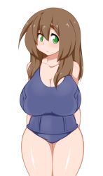 Rule 34 | 1girl, bad id, bad pixiv id, breasts, brown hair, curvy, female focus, green eyes, huge breasts, kaz (shade), long hair, makihara nodoka, one-piece swimsuit, original, school swimsuit, simple background, solo, standing, swimsuit, thighs, white background