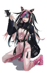 Rule 34 | 1girl, alternate costume, arm behind back, bad id, bad pixiv id, bass guitar, belt, black belt, black hair, boots, breasts, commentary request, danganronpa (series), danganronpa 2: goodbye despair, ear piercing, grey background, grey hair, guitar, hair horns, highres, holding, holding instrument, instrument, jewelry, kneeling, long hair, long sleeves, looking at viewer, medium breasts, mioda ibuki, multicolored hair, null (skev7724), one eye closed, pants, piercing, pink eyes, pink footwear, pink hair, sleeves past wrists, smile, solo, tongue, tongue out, white background, white hair