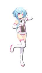 Rule 34 | bare shoulders, blue hair, bodysuit, boots, breasts, gloves, highres, neptune (series), official art, pink eyes, rom (neptunia), short hair, small breasts, smile, thighs, white sister rom