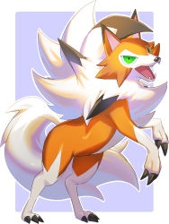 Rule 34 | bad id, bad pixiv id, border, claws, commentary request, creatures (company), fangs, full body, game freak, gen 7 pokemon, green eyes, highres, looking at viewer, lycanroc, lycanroc (dusk), mian (3zandora), nintendo, open mouth, outline, outside border, pokemon, pokemon (creature), purple background, solo, tongue, white border