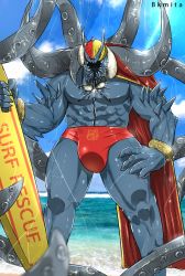 Rule 34 | 1boy, abs, artist name, bara, bare pectorals, beach, bk mita, bracelet, bulge, cape, character print, colored skin, day, english text, faceless, fate/grand order, fate (series), feet out of frame, giant, giant male, goggles, goggles around neck, grey skin, hand on own hip, highres, ivan the terrible (fate), jewelry, large pectorals, looking at viewer, male focus, male swimwear, monster boy, muscular, muscular male, outdoors, pectorals, print male swimwear, print swim briefs, print swimsuit, red cape, red male swimwear, red swim briefs, solo, surfboard, swim briefs, swimsuit, tentacle hair, thick thighs, thighs, wet