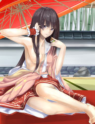 Rule 34 | 1girl, absurdres, adjusting hair, armpits, bad id, bad pixiv id, bamboo, bare shoulders, barefoot, black eyes, black hair, blunt bangs, breasts, brown hair, censored, cleavage, convenient censoring, feet, female focus, hair censor, hair over breasts, highres, holding, holding own hair, houraisan kaguya, japanese clothes, long hair, looking at viewer, mameshiba (character), neropaso, off shoulder, oil-paper umbrella, open mouth, purple eyes, rock, sitting, skirt, solo, toes, touhou, umbrella, wrist cuffs, yokozuwari