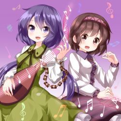 Rule 34 | 2girls, :d, arm up, beamed eighth notes, biwa lute, black skirt, blue hair, brown eyes, brown hair, cowboy shot, dress, eighth note, frilled skirt, frills, gradient background, green dress, hair between eyes, highres, instrument, long hair, long sleeves, looking at viewer, low twintails, lute (instrument), multiple girls, musical note, open mouth, purple background, purple eyes, quarter note, ruu (tksymkw), sharp sign, shirt, short hair, siblings, sisters, skirt, smile, staff (music), touhou, treble clef, tsukumo benben, tsukumo yatsuhashi, twintails, white shirt