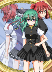 Rule 34 | 2girls, alternate costume, alternate hairstyle, artistic error, bad reflection, breasts, different reflection, frown, green hair, hair bobbles, hair ornament, hand on own hip, hat, hat ribbon, kneehighs, light smile, long sleeves, looking at viewer, mirror, multiple girls, onozuka komachi, ougi (ihayasaka), pleated skirt, purple eyes, red eyes, red hair, reflection, ribbon, shiki eiki, short hair, short sleeves, side ponytail, skirt, skirt set, socks, touhou, tsurime, twintails