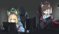 Rule 34 | 2girls, absurdres, animal ears, blonde hair, blue archive, cat ears, closed eyes, doritos, drawing, green eyes, halo, highres, holding, holding stylus, midori (blue archive), momoi (blue archive), monitor, multiple girls, nintendo switch, polyvora, shirt, siblings, sisters, stylus, twins, white shirt