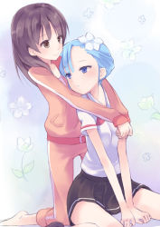 Rule 34 | 10s, 2girls, bad id, bad pixiv id, barefoot, blue eyes, blue hair, blush, brown eyes, brown hair, female focus, fin e ld si laffinty, flower, from behind, hair flower, hair ornament, hug, hug from behind, kneeling, kyouno madoka, kyuri, looking back, multiple girls, rinne no lagrange, sitting, skirt, track suit, v arms, wariza, yuri