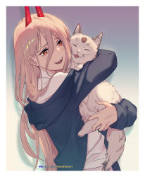 Rule 34 | 1girl, animal, animal hug, blonde hair, blue jacket, border, brown eyes, cat, chainsaw man, collared shirt, commentary, cross-shaped pupils, demon horns, drop shadow, film grain, from side, gradient background, hair between eyes, happy, highres, holding, holding animal, holding cat, horns, jacket, long bangs, long hair, long sleeves, looking at animal, lucidsky, meowy (chainsaw man), off shoulder, open mouth, power (chainsaw man), red horns, sharp teeth, shirt, smile, solo, symbol-shaped pupils, teeth, twitter username, upper body, white border, white shirt