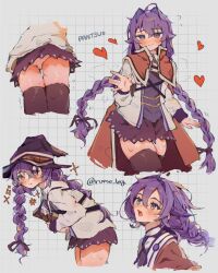 Rule 34 | 1girl, ahoge, ass, ass focus, black hat, black ribbon, black thighhighs, blue eyes, blue hair, blue skirt, blush, book, braid, brown cloak, cloak, close-up, closed mouth, cropped legs, cropped torso, english text, eyebrows hidden by hair, flat chest, flying sweatdrops, grid background, hair between eyes, hair ribbon, hat, heart, highres, hisuisai e5, holding, holding book, leaning forward, long hair, looking at viewer, motion lines, multiple views, mushoku tensei, panties, pantyshot, pout, ribbon, roxy migurdia, shirt, signature, skirt, smile, sweat, thighhighs, twin braids, underwear, very long hair, waving, white panties, white shirt, wind, witch hat