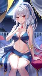 Rule 34 | 1girl, arm support, bare shoulders, bed, bikini, blue bikini, bracelet, breasts, cleavage, collarbone, crescent moon, curtains, gem, hair between eyes, hair ribbon, highres, holding, holding gem, jewelry, large breasts, long hair, looking at viewer, mayo (miyusa), midriff, moon, navel, night, o-ring, o-ring bikini, on bed, open mouth, original, parted lips, pillow, ponytail, railing, red eyes, ribbon, sarong, sitting, solo, soo, stomach, string bikini, swimsuit, thighs, white hair