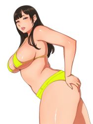 Rule 34 | 1girl, black hair, breasts, brown eyes, cleavage, curvy, large breasts, long hair, looking at viewer, matoyama, micro bikini, parted lips, sideboob, solo, swimsuit, thick thighs, white background