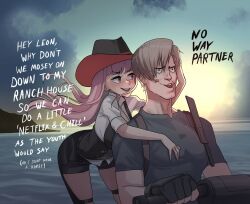 Rule 34 | 1boy, 1girl, blunt bangs, blush, breasts, breasts on another&#039;s back, brown hair, crossover, curtained hair, english text, euphemism, flirting, hat, hetero, highres, hololive, hololive english, jet ski, large breasts, leon s. kennedy, long hair, meme, mori calliope, mori calliope (sheriff), naughty face, no way fag (meme), official alternate costume, open mouth, pantyhose, pink hair, red eyes, rejection, resident evil, resident evil 4, resident evil 4 (remake), seductive smile, short hair, smile, straight hair, text focus, virtual youtuber, zedd (zedgawr)