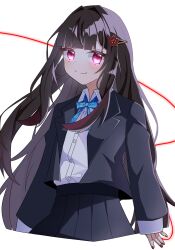 Rule 34 | 1girl, arms at sides, black jacket, black skirt, blazer, blue ribbon, blush, brown hair, closed mouth, collared shirt, cropped legs, glowing, glowing eyes, hair intakes, hair ornament, hairclip, high-waist skirt, highres, honkai: star rail, honkai (series), jacket, long hair, looking at viewer, nail polish, neck ribbon, open clothes, open jacket, pink eyes, pleated skirt, red nails, ribbon, school uniform, shirt, shirt tucked in, simple background, skirt, smile, solo, sparkle (honkai: star rail), straight hair, tso (tuo 0202), white background, white shirt
