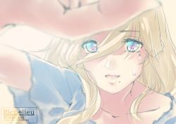 Rule 34 | 1girl, blonde hair, blue eyes, blurry, blurry foreground, collarbone, hair between eyes, kantai collection, long hair, loose clothes, mole, mole under eye, mole under mouth, okaemon, one-hour drawing challenge, richelieu (kancolle), smile, solo
