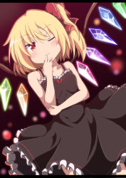 Rule 34 | 1girl, alternate costume, bare arms, black dress, bow, collarbone, do (4-rt), dress, fang, finger to mouth, flandre scarlet, glowing, glowing wings, hair bow, highres, letterboxed, looking at viewer, no headwear, no headwear, one eye closed, side ponytail, sleeveless, sleeveless dress, smile, solo, touhou, wings, wink