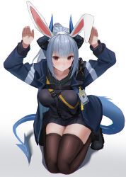 Rule 34 | 1girl, absurdres, animal ears, arknights, arms up, black footwear, black skirt, black sweater, blue hair, blue jacket, blush, boots, breasts, commentary request, dragon horns, fake animal ears, highres, horns, id card, jacket, kneeling, large breasts, light blue hair, liskarm (arknights), long hair, long sleeves, looking at viewer, miniskirt, open clothes, open jacket, pleated skirt, ponytail, rabbit ears, rabbit pose, red eyes, sidelocks, simple background, skindentation, skirt, solo, sthk, sweatdrop, sweater, tail, thighhighs, white background