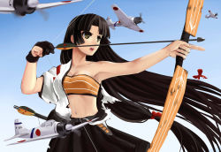 Rule 34 | 10s, 1girl, aircraft, airplane, archery, armpits, arrow (projectile), ashi, bandeau, black hair, bow, bow (weapon), breasts, gloves, japanese clothes, kantai collection, kyuudou, large breasts, long hair, mizuki (mizuki ame), partially fingerless gloves, partly fingerless gloves, shouhou (kancolle), skirt, solo, very long hair, weapon, yugake