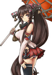 Rule 34 | 1girl, anchor ornament, ass, black thighhighs, brown hair, cherry blossoms, collar, commentary request, cowboy shot, headgear, highres, kantai collection, long hair, masamori ikemo, metal collar, oil-paper umbrella, panties, pleated skirt, ponytail, red sailor collar, red skirt, red umbrella, sailor collar, simple background, single thighhigh, skirt, solo, standing, thighhighs, umbrella, underwear, white background, white panties, yamato (kancolle), z flag
