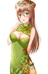 Rule 34 | 1girl, bad id, bad pixiv id, bare arms, bare shoulders, black panties, blush, bow, breasts, brown hair, chinese clothes, cleavage, commentary request, covered navel, dress, fingernails, floral print, girls&#039; frontline, green bow, green dress, green eyes, hair between eyes, hair bow, hand up, highres, kubong, long hair, looking at viewer, medium breasts, open mouth, panties, print dress, rfb (girls&#039; frontline), side-tie panties, simple background, sleeveless, sleeveless dress, solo, two side up, underwear, very long hair, white background
