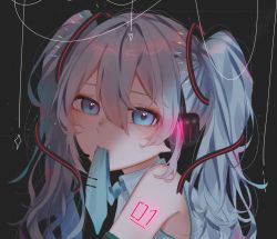 Rule 34 | 1girl, bare shoulders, black background, blue eyes, blue hair, blue shirt, character name, closed mouth, collared shirt, commentary request, diamond (shape), hair between eyes, hair ornament, hatsune miku, headset, heart, highres, long hair, looking at viewer, mouth hold, necktie, necktie in mouth, shirt, sleeveless, sleeveless shirt, solo, tie clip, twintails, upper body, vocaloid, vptku