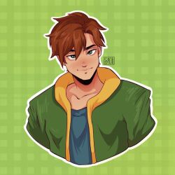 Rule 34 | 1boy, alex (stardew valley), blush, brown hair, green background, green eyes, green jacket, hair between eyes, highres, jacket, looking at viewer, male focus, simple background, siropeart, smile, solo, stardew valley, upper body