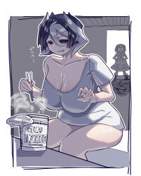 Rule 34 | 1boy, 1girl, :&lt;, absurdres, black hair, breasts, caught, chopsticks, cleavage, food, hands on own hips, highres, large breasts, made in abyss, maruruk, mikiji, multicolored hair, multiple girls, nissin cup noodle, ozen, shirt, steam, trap, two-tone hair, white hair, white shirt