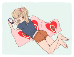 Rule 34 | 10s, 1girl, alternate hairstyle, aqua background, ass, barefoot, blonde hair, blue shirt, casual, cellphone, feet, from behind, full body, girls und panzer, heart, holding, kay (girls und panzer), long hair, lying, on stomach, orange shorts, phone, pillow, ponytail, scrunchie, shirt, short shorts, short sleeves, shorts, simple background, smartphone, soles, solo, the pose, torinone, yes, yes-no pillow